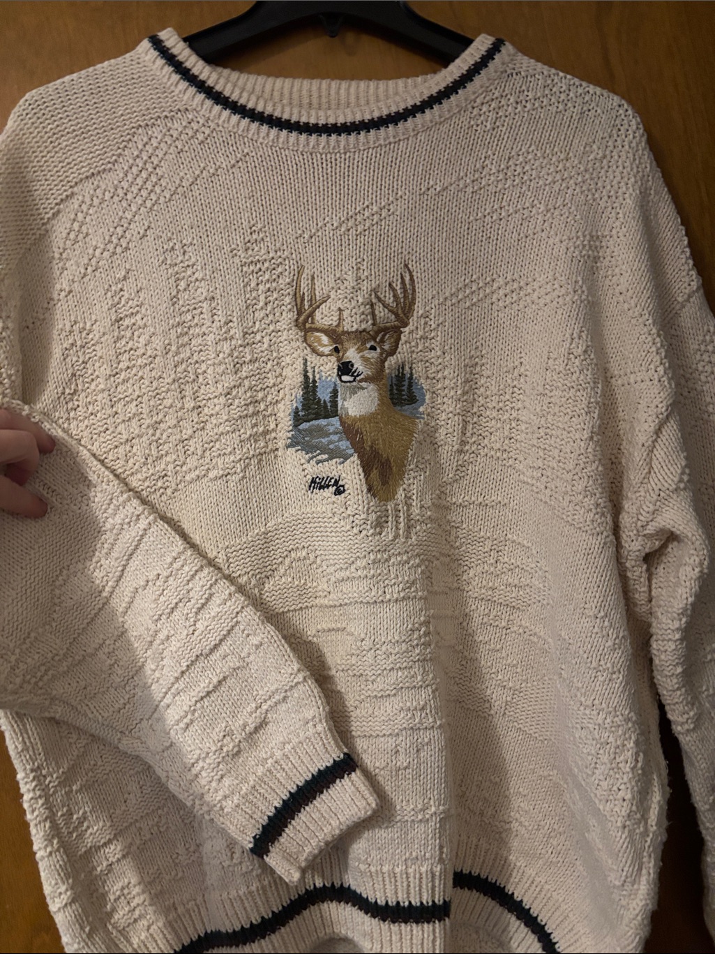 Men's Cream Crewneck Sweater With Deer Embroidery